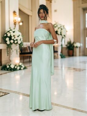 NEW Princess Polly Sage Green Satin Strapless Gown, Maxi Dress